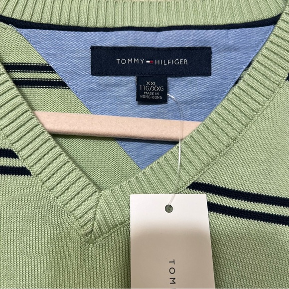 Tommy Hilfiger Men’s Cotton V-Neck Sweater Green Stripe Preppy Country Club XXL - Picture 3 of 8